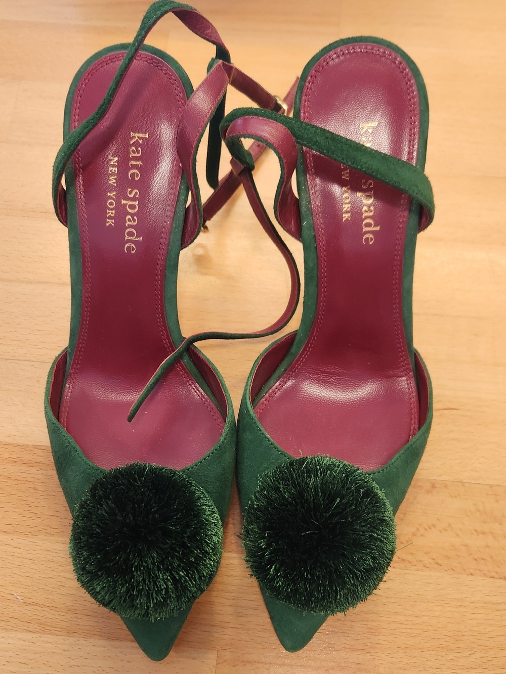 Kate Spade Green Suede Pointed-Toe Pom Pom Ankle-Strap Heels